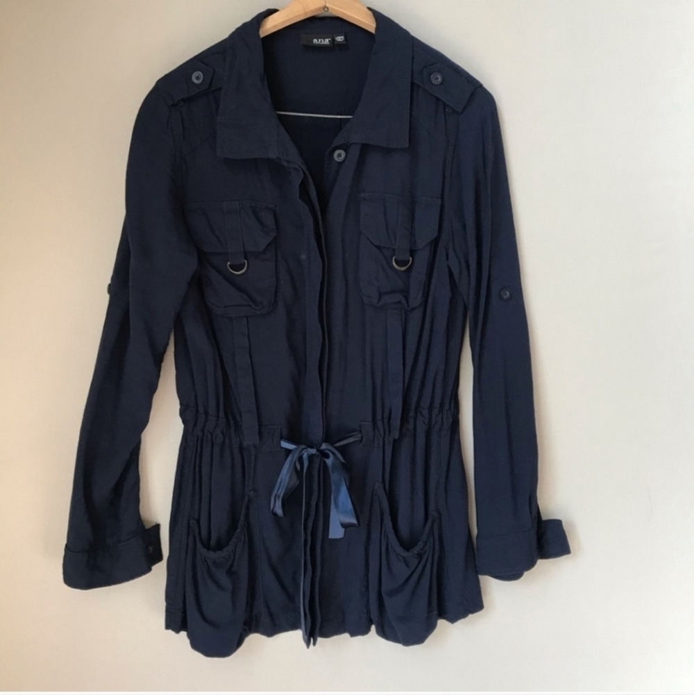 a.n.a. navy blue button down w/waist tie and pockets collared blouse siz…